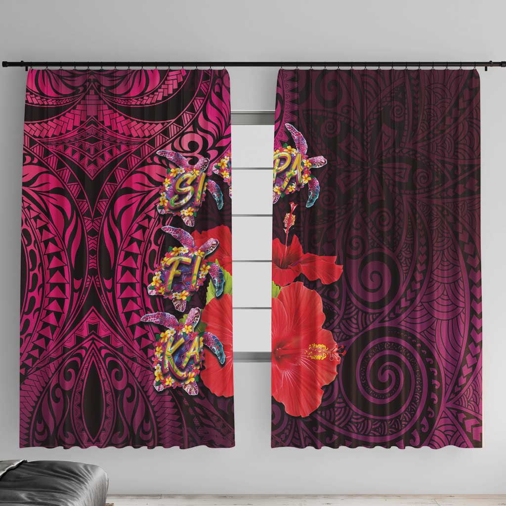 Pasifika Festival Window Curtain Plumeria Turtles with Hibiscus - Polynesian Art Tattoo Pink Color LT03 With Hooks Pink - Polynesian Pride