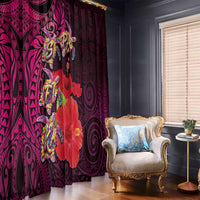 Pasifika Festival Window Curtain Plumeria Turtles with Hibiscus - Polynesian Art Tattoo Pink Color
