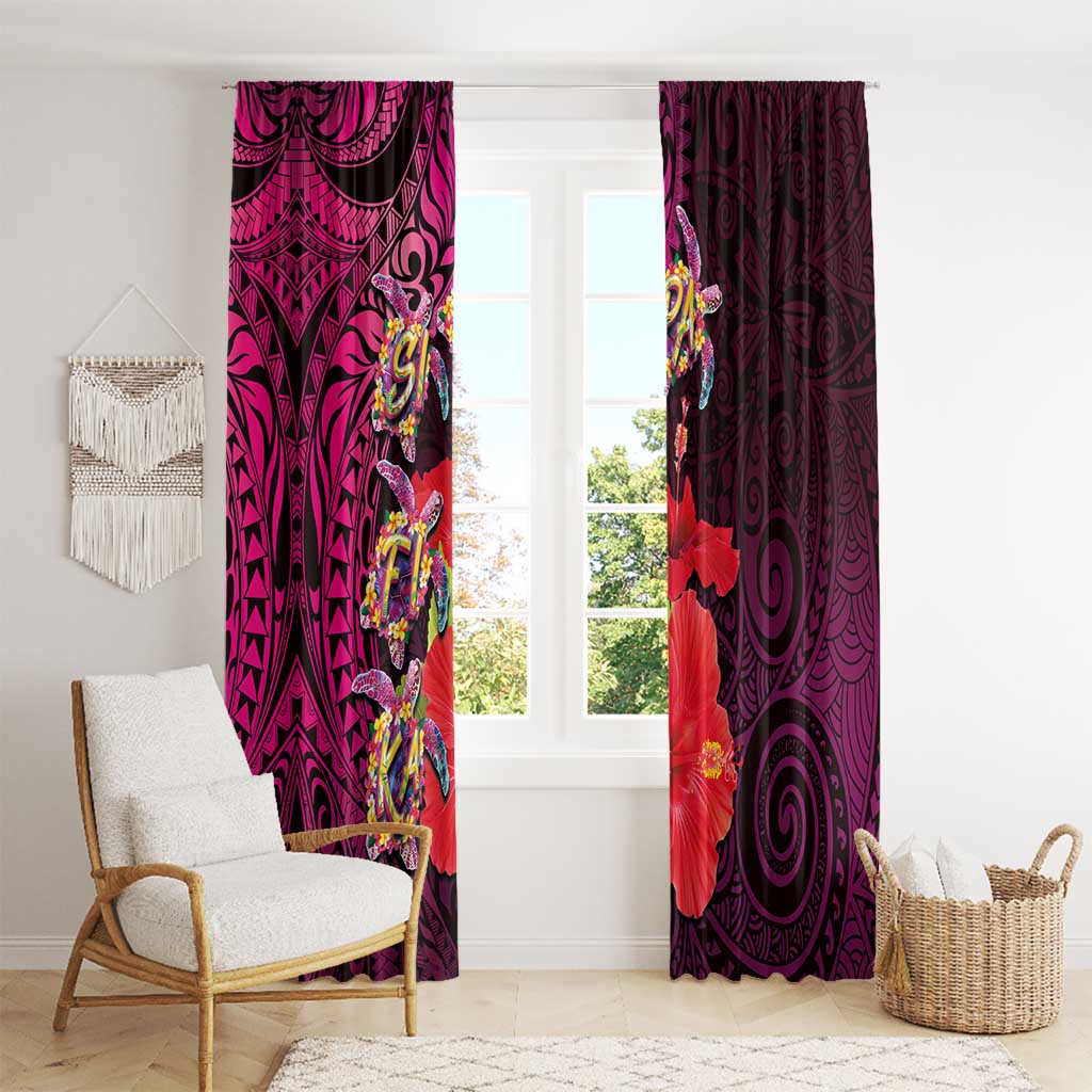 Pasifika Festival Window Curtain Plumeria Turtles with Hibiscus - Polynesian Art Tattoo Pink Color