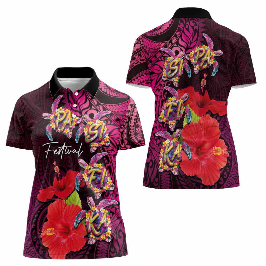 Pasifika Festival Women Polo Shirt Plumeria Turtles with Hibiscus - Polynesian Art Tattoo Pink Color