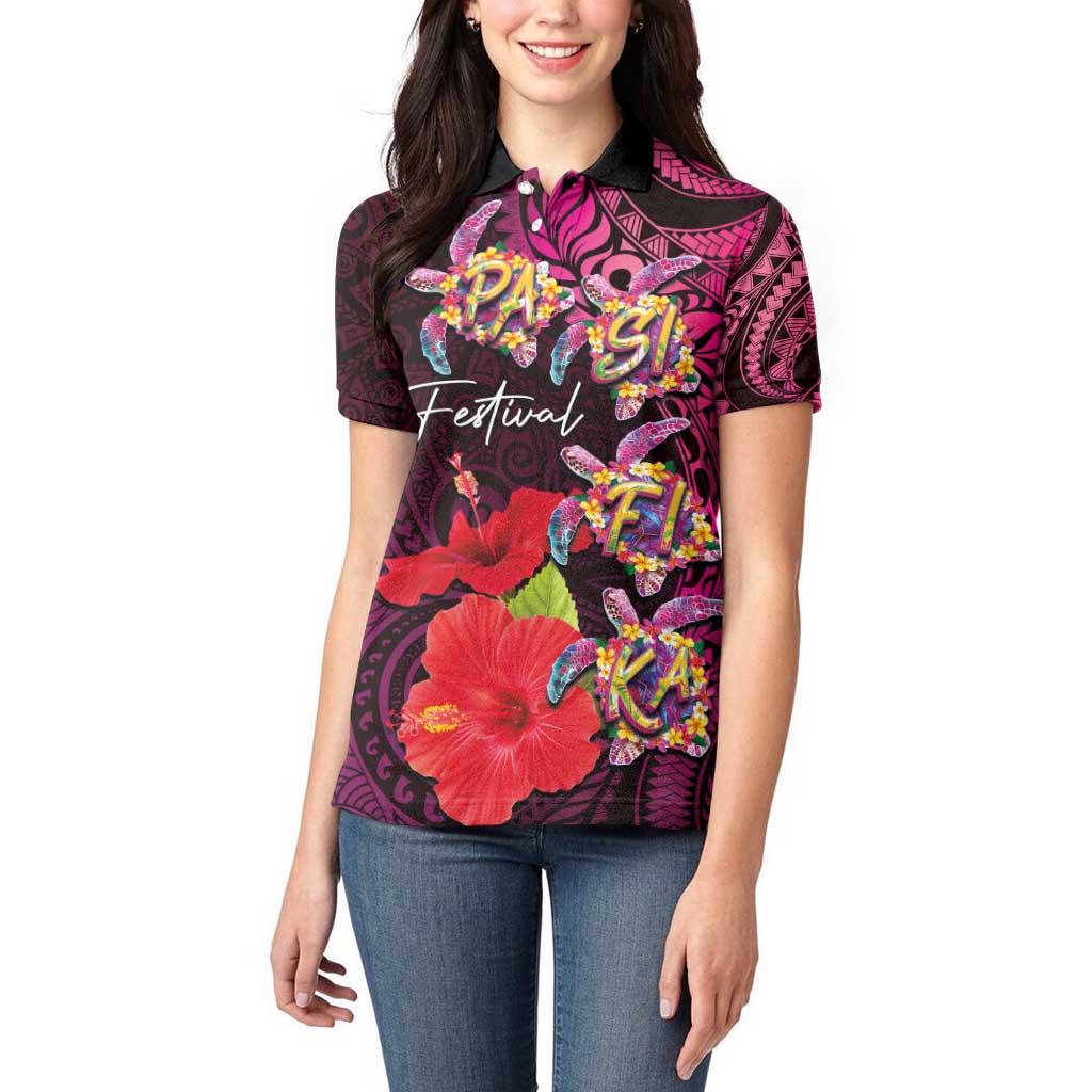 Pasifika Festival Women Polo Shirt Plumeria Turtles with Hibiscus - Polynesian Art Tattoo Pink Color