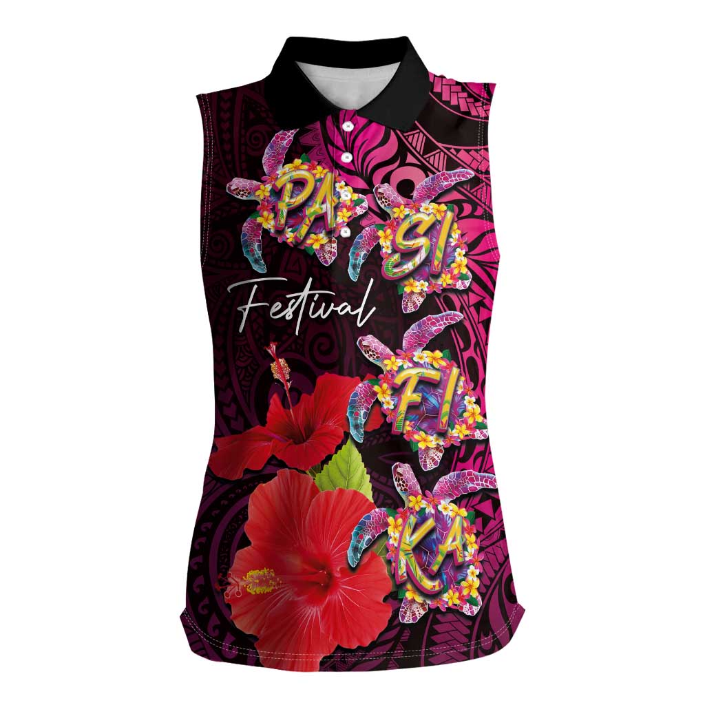 Pasifika Festival Women Sleeveless Polo Shirt Plumeria Turtles with Hibiscus - Polynesian Art Tattoo Pink Color