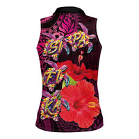 Pasifika Festival Women Sleeveless Polo Shirt Plumeria Turtles with Hibiscus - Polynesian Art Tattoo Pink Color
