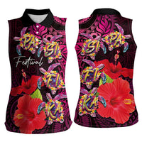 Pasifika Festival Women Sleeveless Polo Shirt Plumeria Turtles with Hibiscus - Polynesian Art Tattoo Pink Color