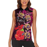 Pasifika Festival Women Sleeveless Polo Shirt Plumeria Turtles with Hibiscus - Polynesian Art Tattoo Pink Color