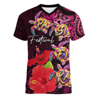 Pasifika Festival Women V-Neck T-Shirt Plumeria Turtles with Hibiscus - Polynesian Art Tattoo Pink Color