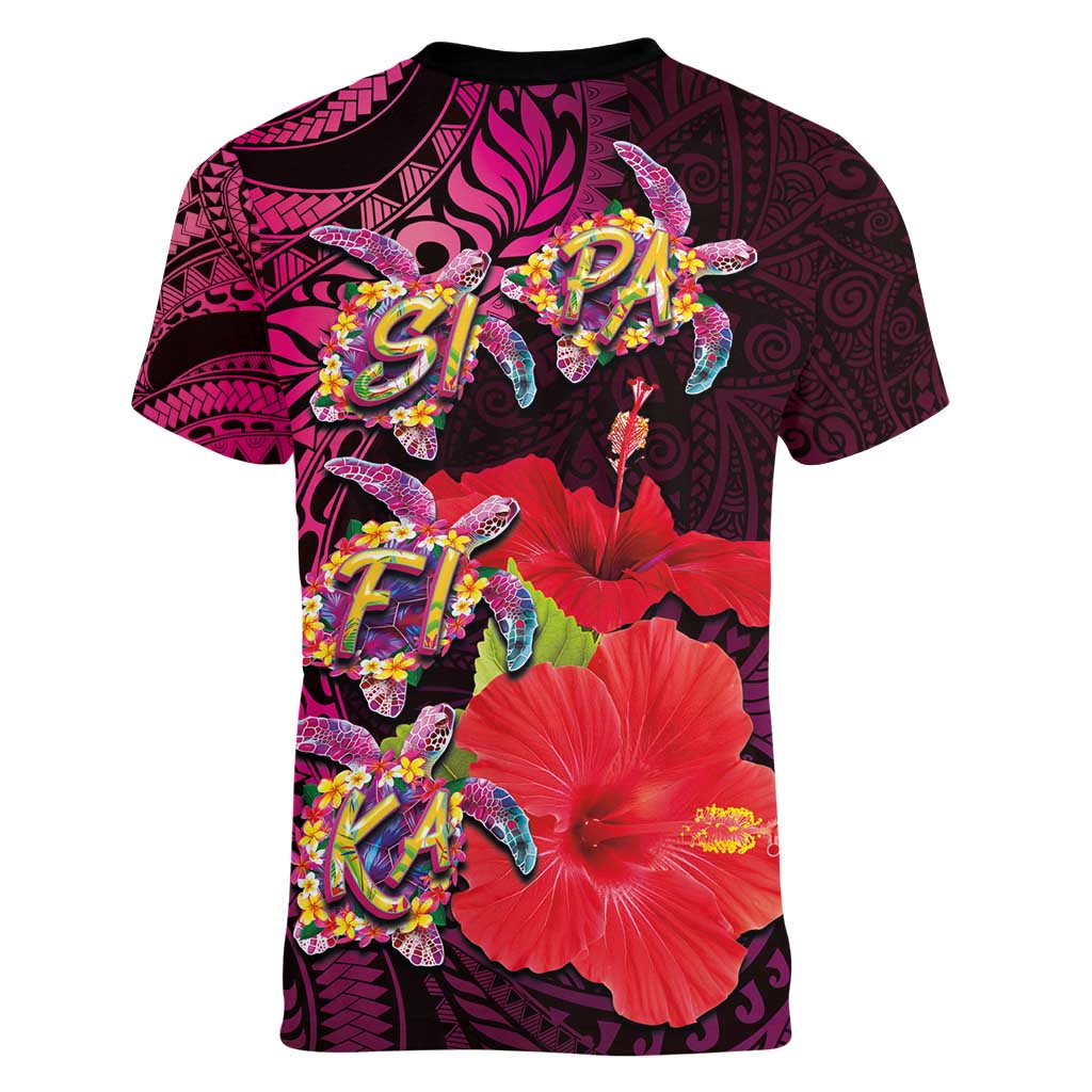 Pasifika Festival Women V-Neck T-Shirt Plumeria Turtles with Hibiscus - Polynesian Art Tattoo Pink Color