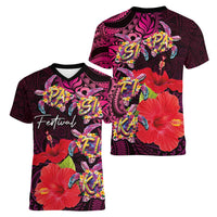 Pasifika Festival Women V-Neck T-Shirt Plumeria Turtles with Hibiscus - Polynesian Art Tattoo Pink Color