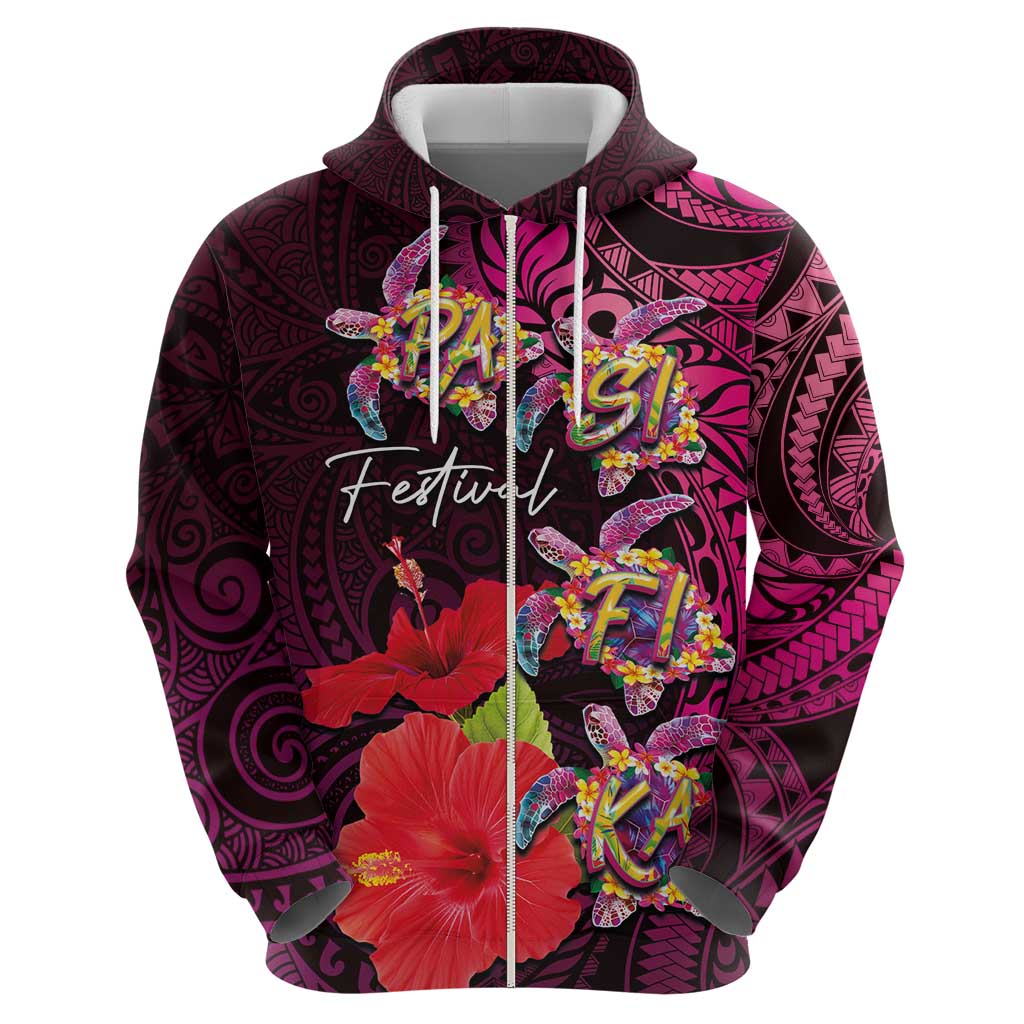 Pasifika Festival Zip Hoodie Plumeria Turtles with Hibiscus - Polynesian Art Tattoo Pink Color