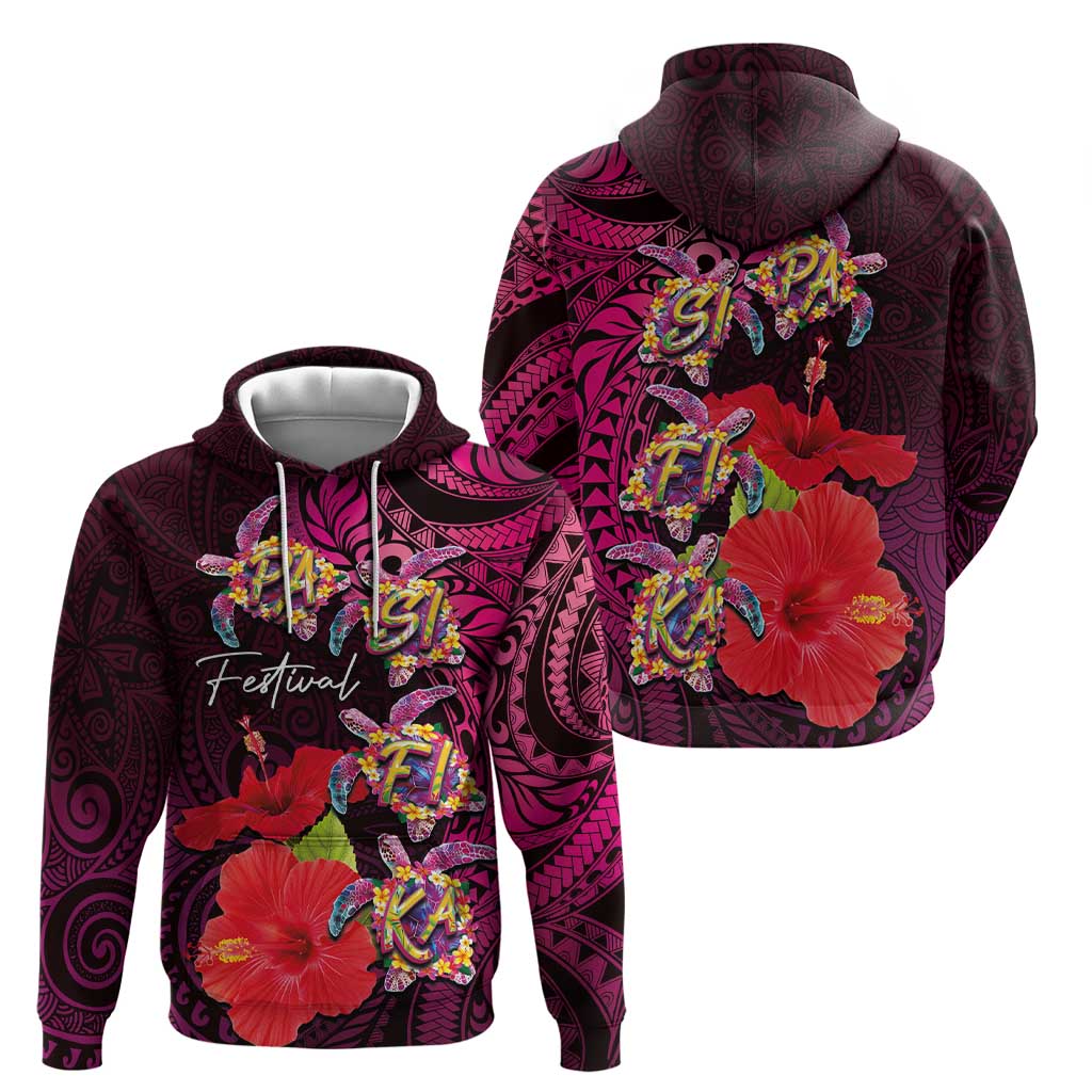 Pasifika Festival Zip Hoodie Plumeria Turtles with Hibiscus - Polynesian Art Tattoo Pink Color