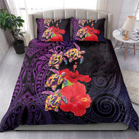 Pasifika Festival Bedding Set Plumeria Turtles with Hibiscus - Polynesian Art Tattoo Purple Color