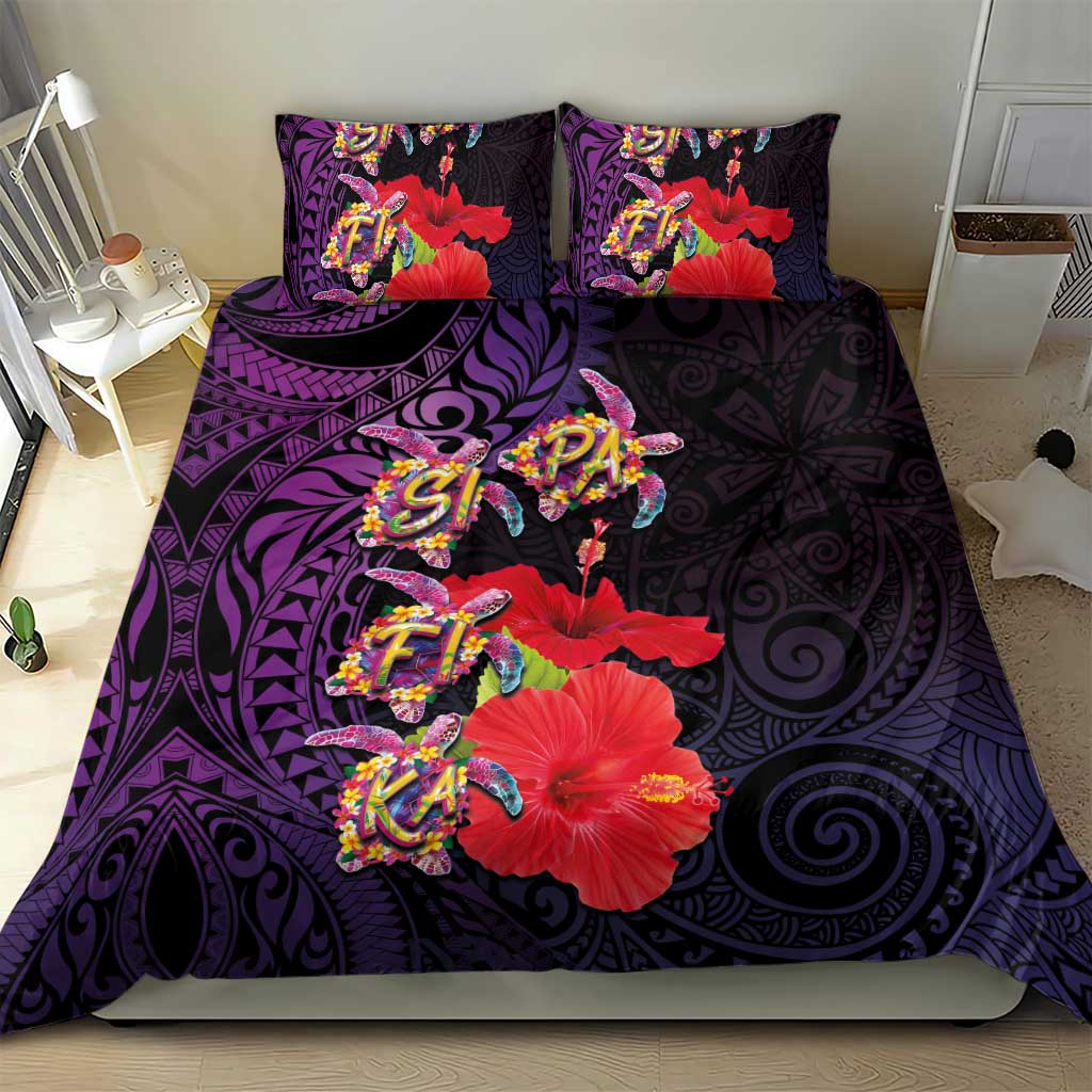 Pasifika Festival Bedding Set Plumeria Turtles with Hibiscus - Polynesian Art Tattoo Purple Color