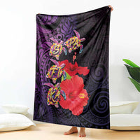 Pasifika Festival Blanket Plumeria Turtles with Hibiscus - Polynesian Art Tattoo Purple Color