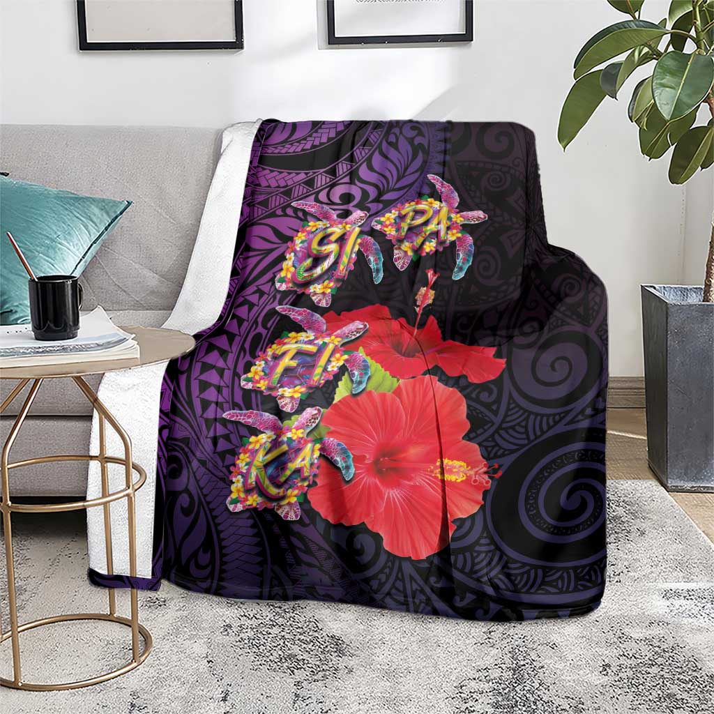 Pasifika Festival Blanket Plumeria Turtles with Hibiscus - Polynesian Art Tattoo Purple Color