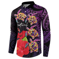 Pasifika Festival Button Sweatshirt Plumeria Turtles with Hibiscus - Polynesian Art Tattoo Purple Color