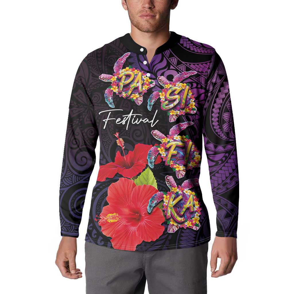 Pasifika Festival Button Sweatshirt Plumeria Turtles with Hibiscus - Polynesian Art Tattoo Purple Color