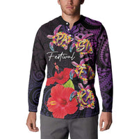 Pasifika Festival Button Sweatshirt Plumeria Turtles with Hibiscus - Polynesian Art Tattoo Purple Color