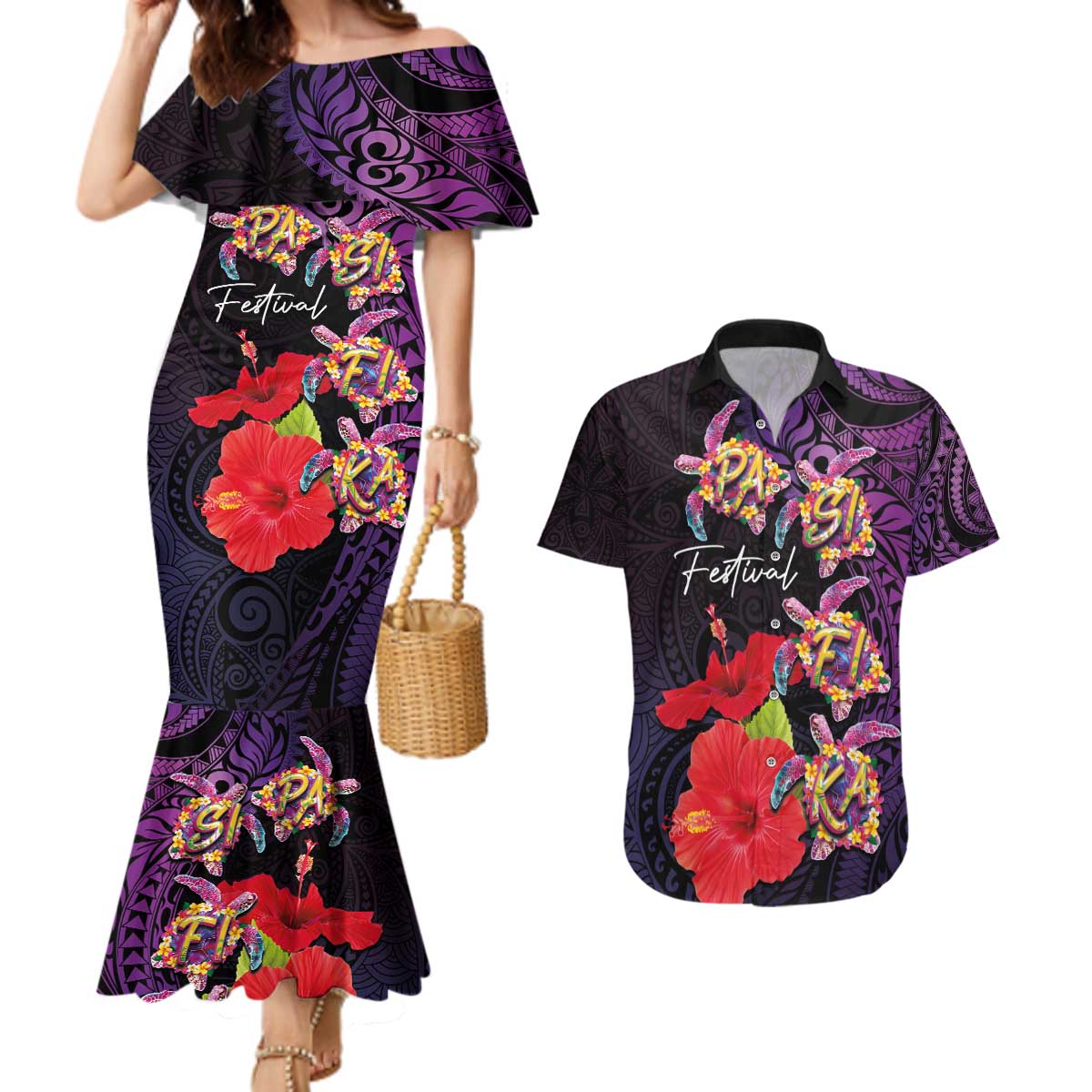 Pasifika Festival Couples Matching Mermaid Dress and Hawaiian Shirt Plumeria Turtles with Hibiscus - Polynesian Art Tattoo Purple Color