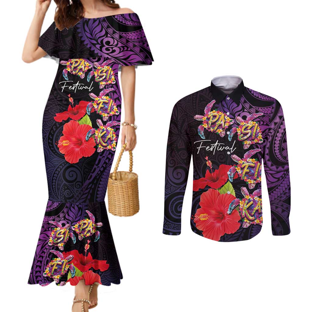 Pasifika Festival Couples Matching Mermaid Dress and Long Sleeve Button Shirt Plumeria Turtles with Hibiscus - Polynesian Art Tattoo Purple Color LT03 Purple - Polynesian Pride