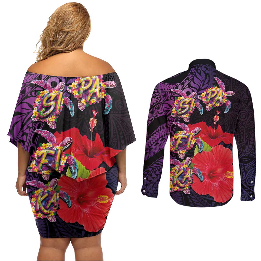 Pasifika Festival Couples Matching Off Shoulder Short Dress and Long Sleeve Button Shirt Plumeria Turtles with Hibiscus - Polynesian Art Tattoo Purple Color