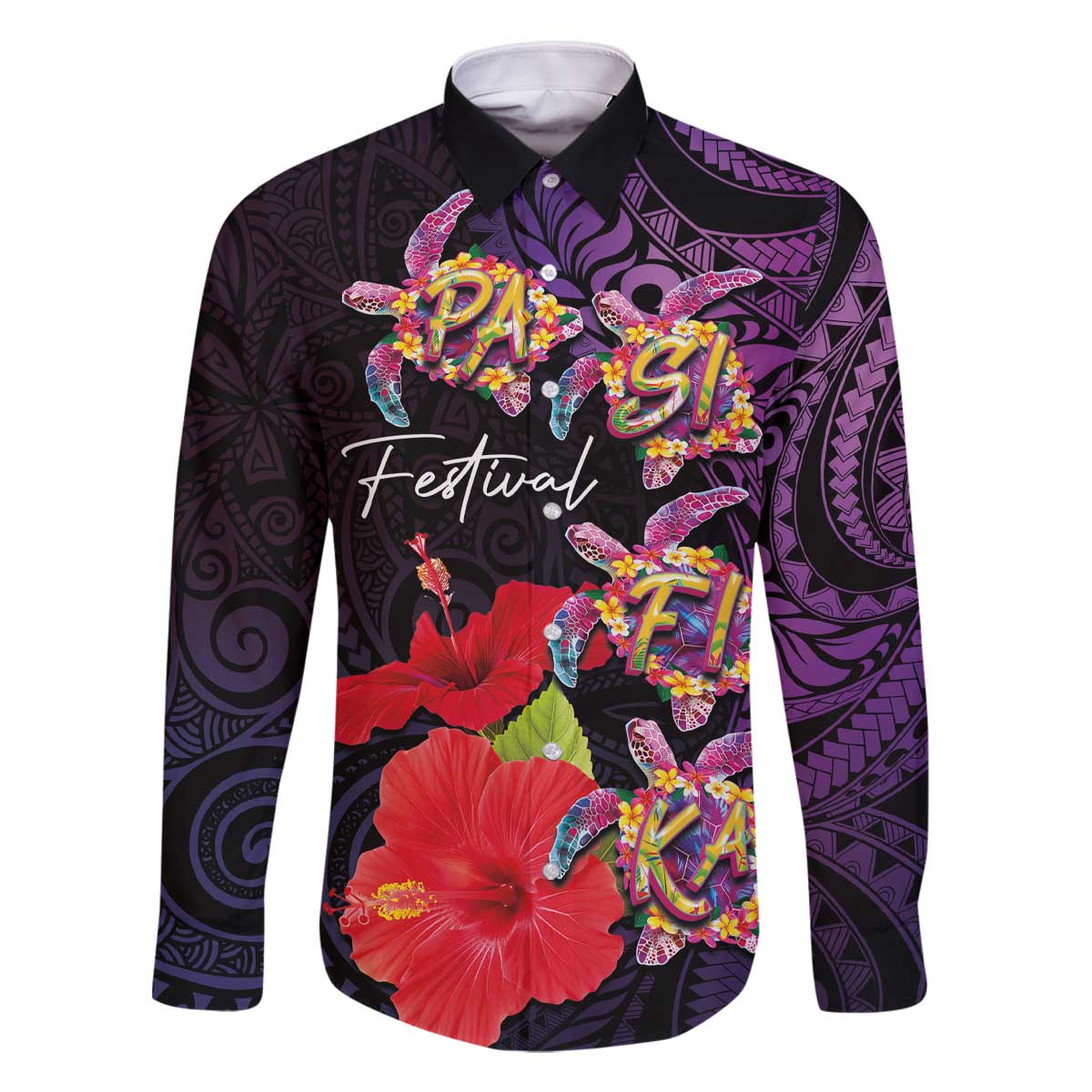 Pasifika Festival Family Matching Off The Shoulder Long Sleeve Dress and Hawaiian Shirt Plumeria Turtles with Hibiscus - Polynesian Art Tattoo Purple Color