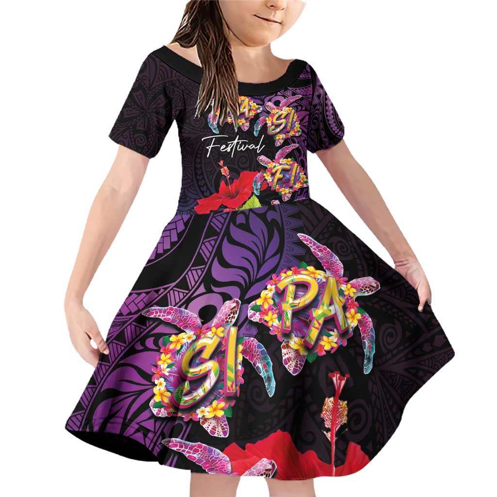 Pasifika Festival Family Matching Off Shoulder Short Dress and Hawaiian Shirt Plumeria Turtles with Hibiscus - Polynesian Art Tattoo Purple Color