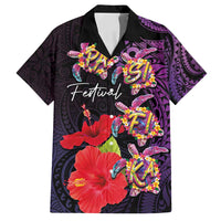 Pasifika Festival Family Matching Off Shoulder Short Dress and Hawaiian Shirt Plumeria Turtles with Hibiscus - Polynesian Art Tattoo Purple Color