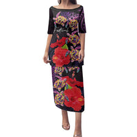 Pasifika Festival Family Matching Puletasi and Hawaiian Shirt Plumeria Turtles with Hibiscus - Polynesian Art Tattoo Purple Color