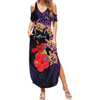 Pasifika Festival Family Matching Summer Maxi Dress and Hawaiian Shirt Plumeria Turtles with Hibiscus - Polynesian Art Tattoo Purple Color