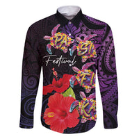 Pasifika Festival Family Matching Tank Maxi Dress and Hawaiian Shirt Plumeria Turtles with Hibiscus - Polynesian Art Tattoo Purple Color