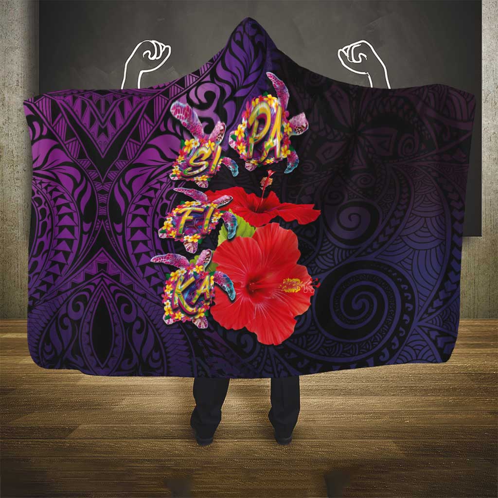 Pasifika Festival Hooded Blanket Plumeria Turtles with Hibiscus - Polynesian Art Tattoo Purple Color