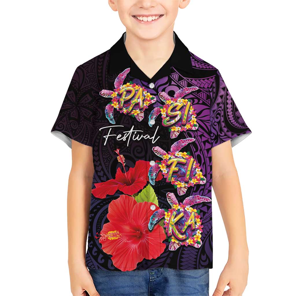 Pasifika Festival Kid Hawaiian Shirt Plumeria Turtles with Hibiscus - Polynesian Art Tattoo Purple Color LT03 Kid Purple - Polynesian Pride