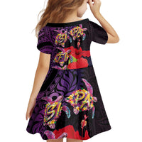 Pasifika Festival Kid Short Sleeve Dress Plumeria Turtles with Hibiscus - Polynesian Art Tattoo Purple Color
