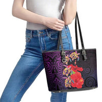 Pasifika Festival Leather Tote Bag Plumeria Turtles with Hibiscus - Polynesian Art Tattoo Purple Color