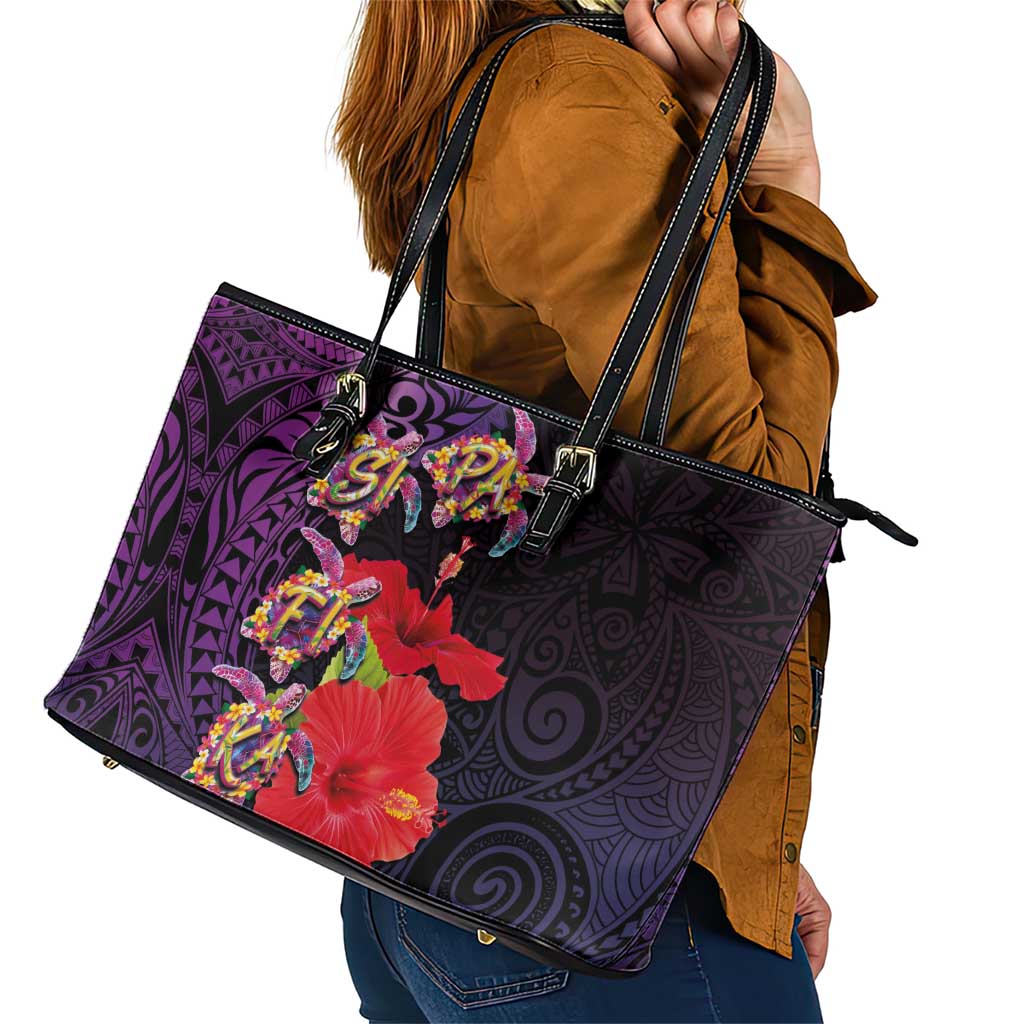 Pasifika Festival Leather Tote Bag Plumeria Turtles with Hibiscus - Polynesian Art Tattoo Purple Color