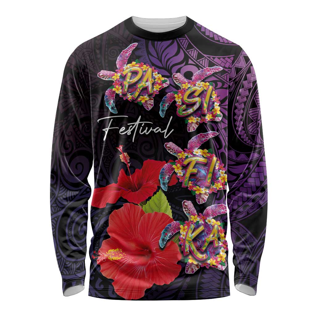 Pasifika Festival Long Sleeve Shirt Plumeria Turtles with Hibiscus - Polynesian Art Tattoo Purple Color