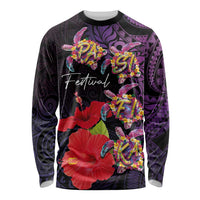Pasifika Festival Long Sleeve Shirt Plumeria Turtles with Hibiscus - Polynesian Art Tattoo Purple Color