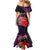 Pasifika Festival Mermaid Dress Plumeria Turtles with Hibiscus - Polynesian Art Tattoo Purple Color