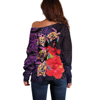 Pasifika Festival Off Shoulder Sweater Plumeria Turtles with Hibiscus - Polynesian Art Tattoo Purple Color