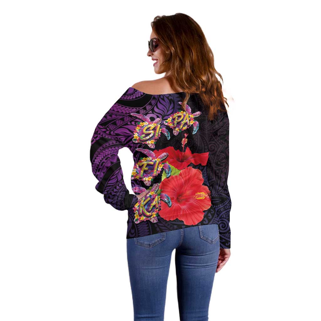 Pasifika Festival Off Shoulder Sweater Plumeria Turtles with Hibiscus - Polynesian Art Tattoo Purple Color