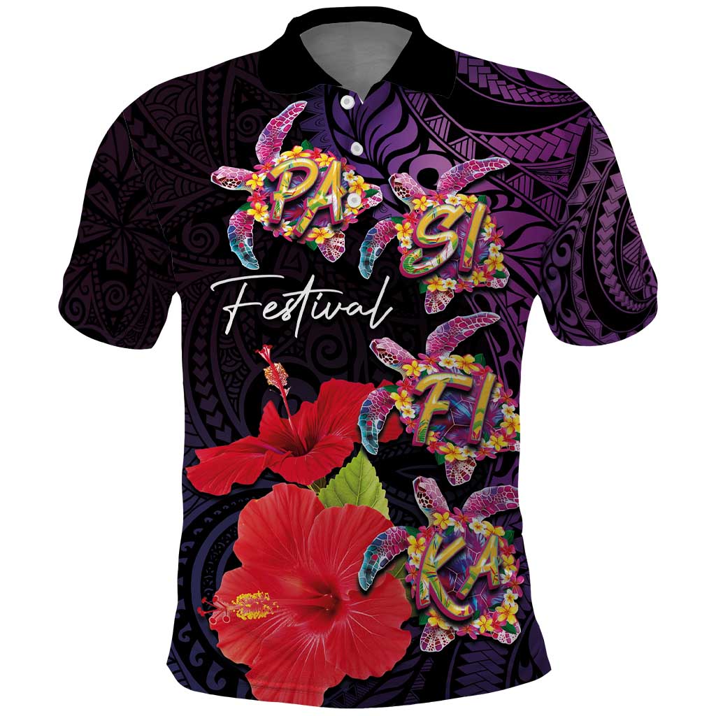 Pasifika Festival Polo Shirt Plumeria Turtles with Hibiscus - Polynesian Art Tattoo Purple Color
