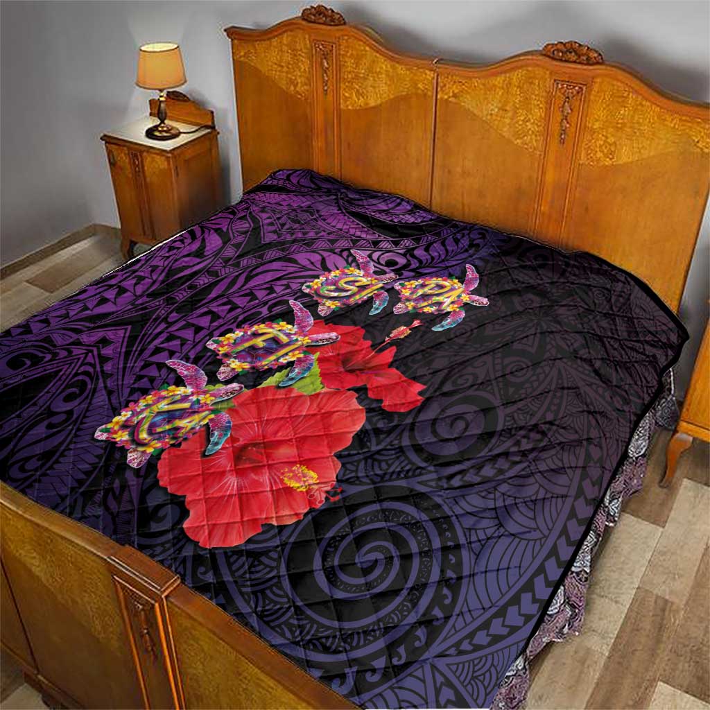Pasifika Festival Quilt Plumeria Turtles with Hibiscus - Polynesian Art Tattoo Purple Color