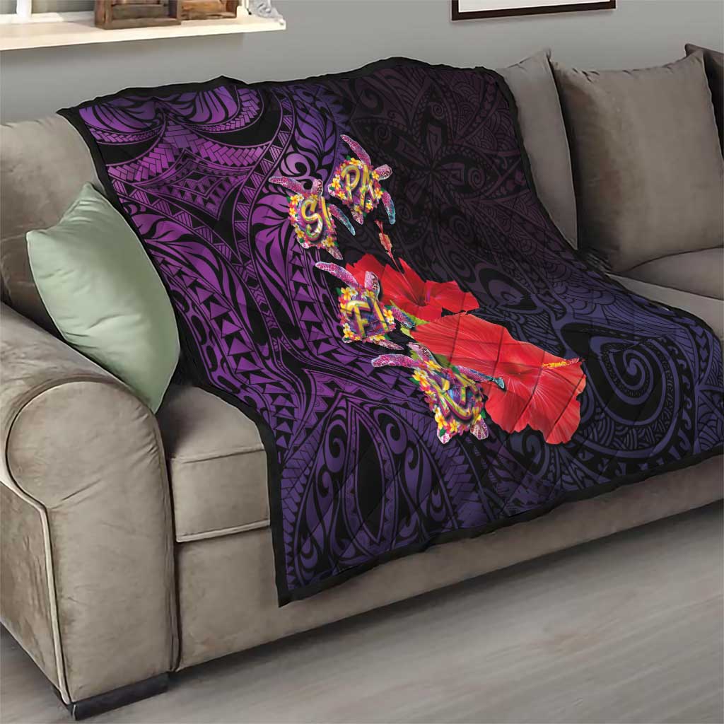 Pasifika Festival Quilt Plumeria Turtles with Hibiscus - Polynesian Art Tattoo Purple Color