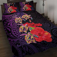Pasifika Festival Quilt Bed Set Plumeria Turtles with Hibiscus - Polynesian Art Tattoo Purple Color