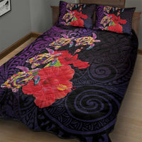 Pasifika Festival Quilt Bed Set Plumeria Turtles with Hibiscus - Polynesian Art Tattoo Purple Color