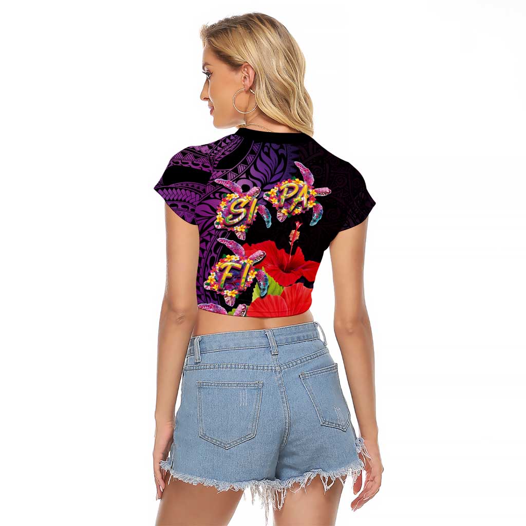 Pasifika Festival Raglan Cropped T Shirt Plumeria Turtles with Hibiscus - Polynesian Art Tattoo Purple Color