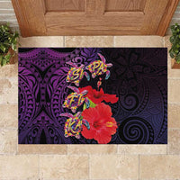 Pasifika Festival Rubber Doormat Plumeria Turtles with Hibiscus - Polynesian Art Tattoo Purple Color