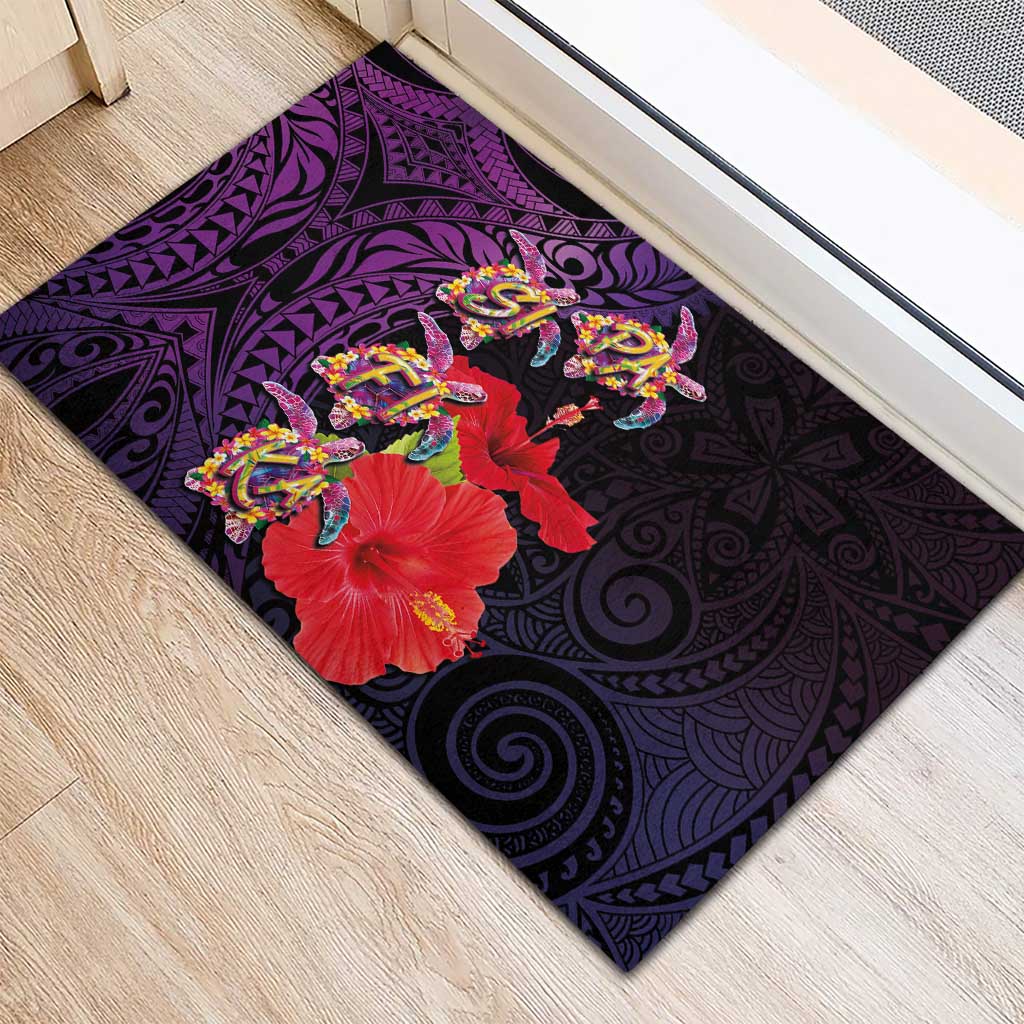Pasifika Festival Rubber Doormat Plumeria Turtles with Hibiscus - Polynesian Art Tattoo Purple Color