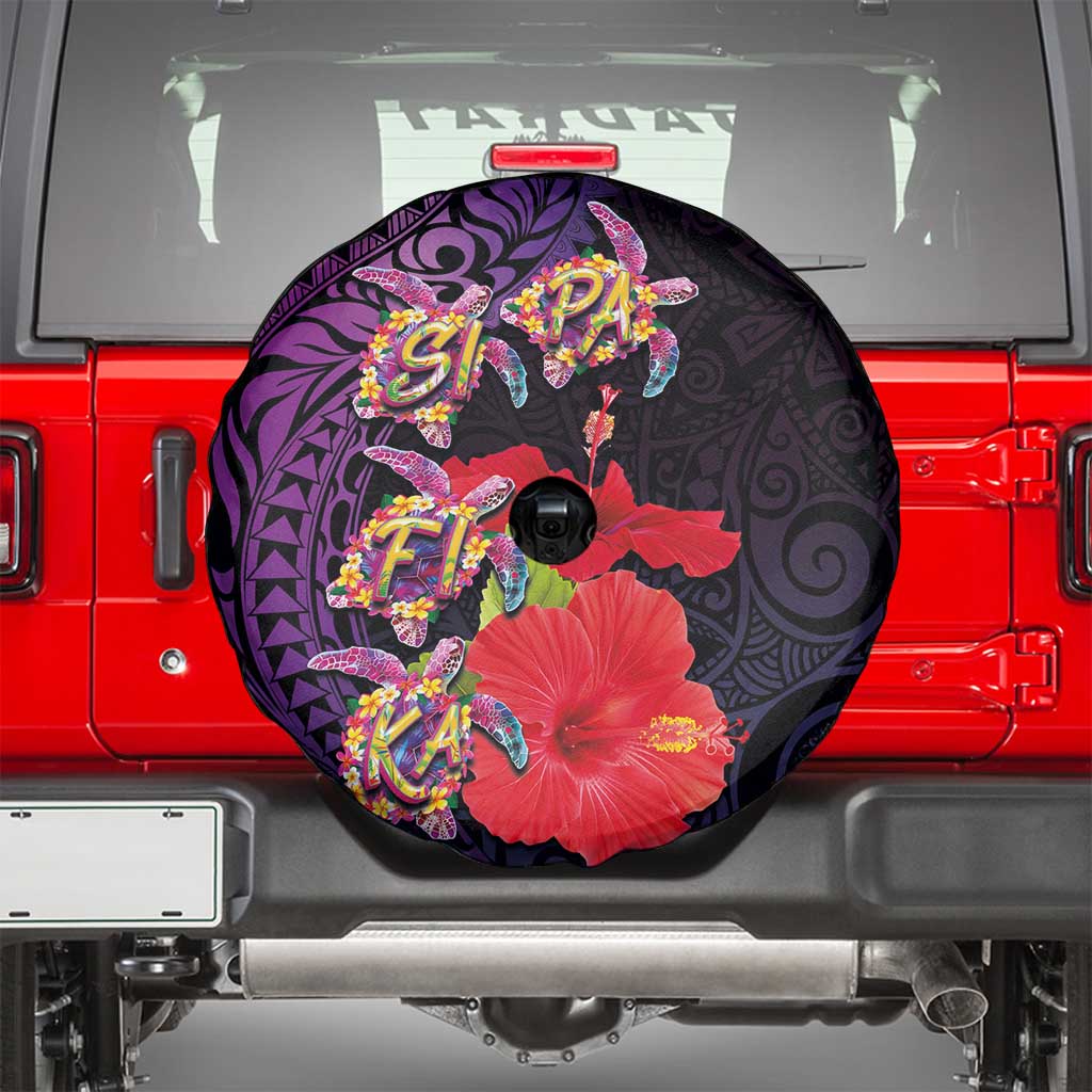 Pasifika Festival Spare Tire Cover Plumeria Turtles with Hibiscus - Polynesian Art Tattoo Purple Color