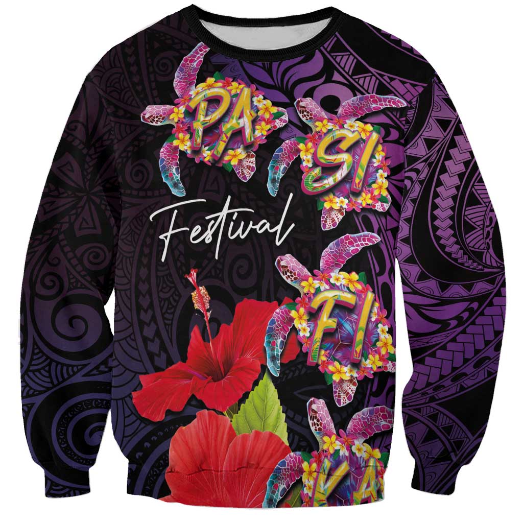 Pasifika Festival Sweatshirt Plumeria Turtles with Hibiscus - Polynesian Art Tattoo Purple Color